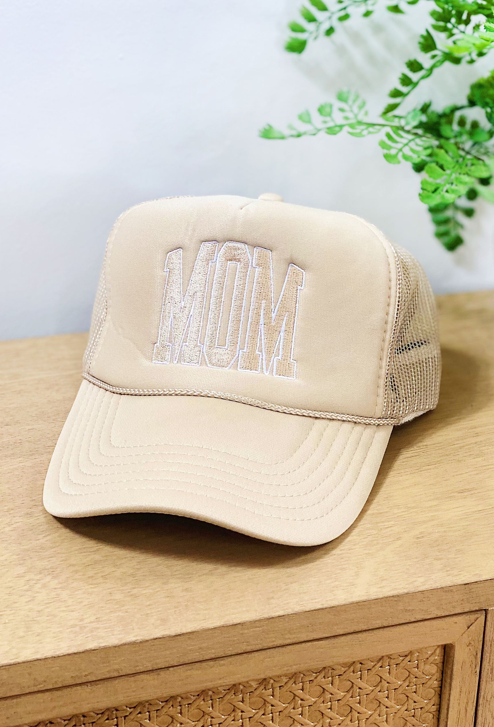 Charlie Southern: Mom Block Tan Trucker Hat, tan trucker hat with "mom" embroidered in tan across front