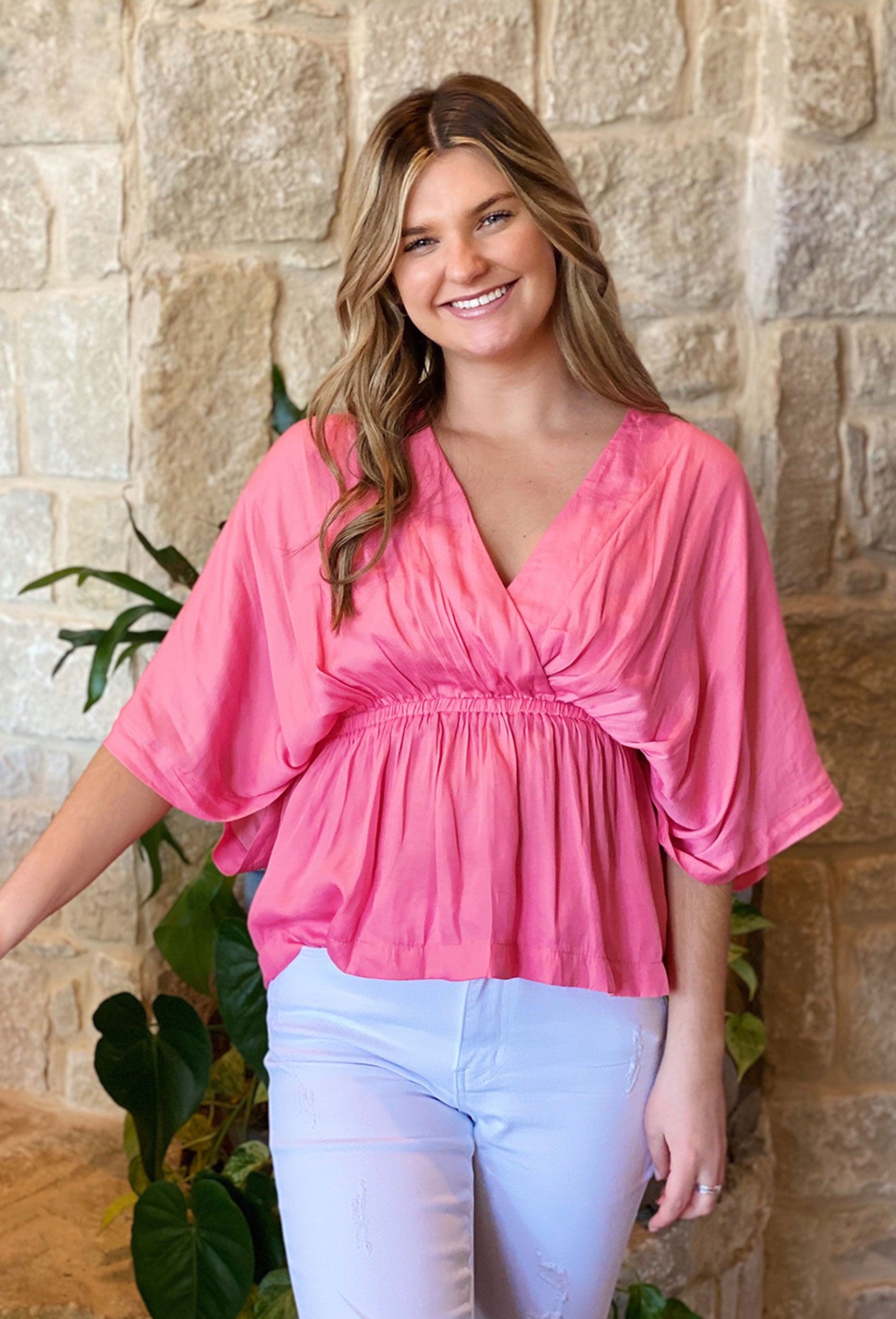 Dolman, Beckham Blouse in Pink, Lightweight blouse that has a plunging v-neckline, breezy dolman sleeves and an elastic waist