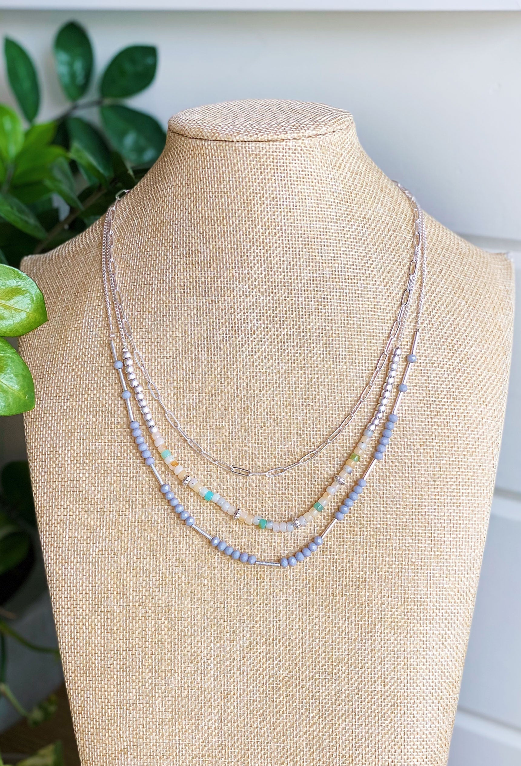 Silver Beaded Layered Multi Strand Necklace