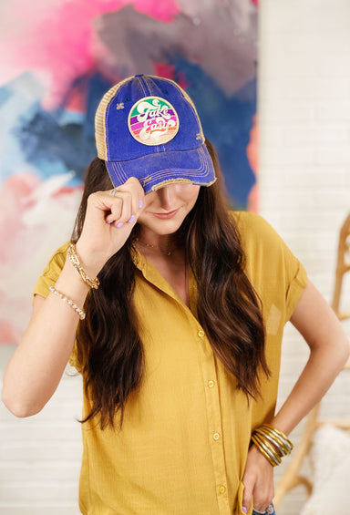 Judith March Take it Easy Hat, blue distressed graphic ball cap 