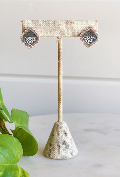 Linden Sparkle Filigree Earrings, gray stud filigree earrings with cubic zirconia around it 